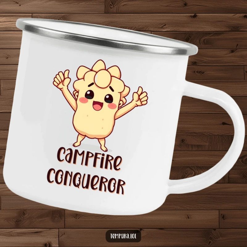 Funny camping mug with a triumphant tempura character celebrating a humorous victory, perfect for outdoor celebrations.
