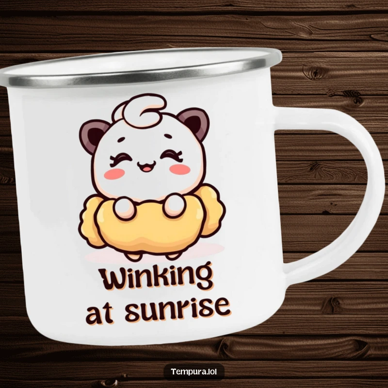 Funny Tempura Camping Mug: A durable camping mug featuring a funny piece of tempura winking with a smile, ready for adventures.