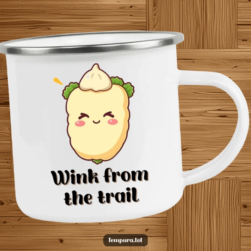 Funny tempura vegetable winking on a durable camping mug, ready for outdoor excursions and humorous enjoyment.