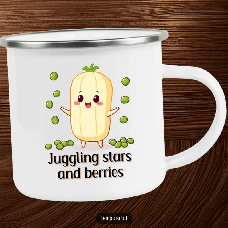 Funny Juggling Vegetable Camping Mug, shown juggling small peas, making outdoor moments more entertaining and humorous.
