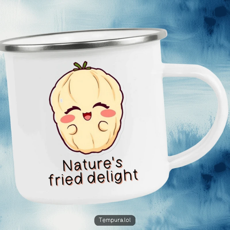 Funny vegetable tempura camping mug with a happy tempura vegetable with eyes closed in glee.