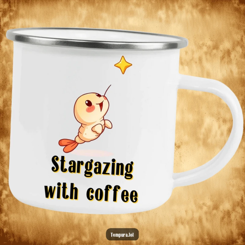 Funny camping mug with a surprised tempura shrimp character gazing at a falling star, ideal for stargazing trips.