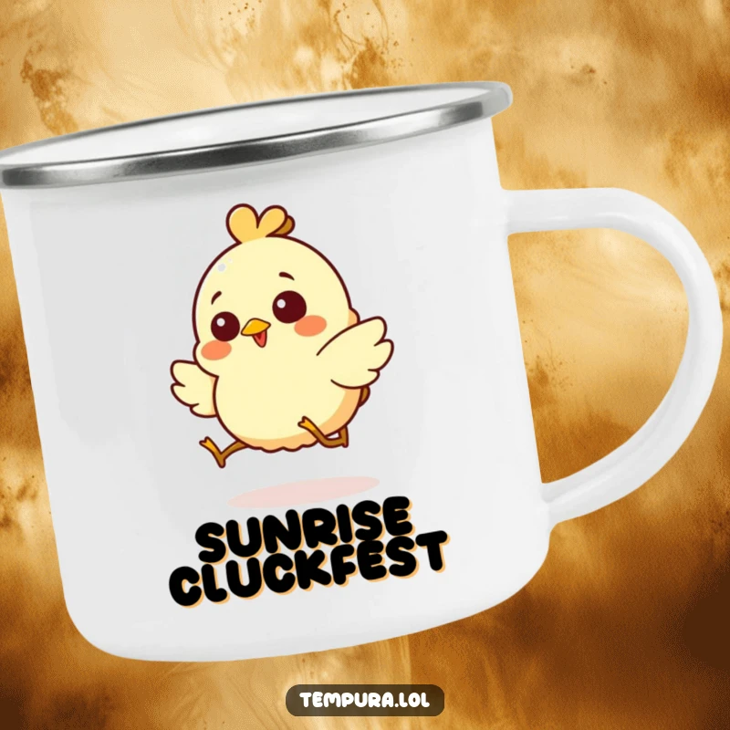 Funny camping mug with a giggling chicken tempura character hopping, ideal for outdoor adventures and smiles.