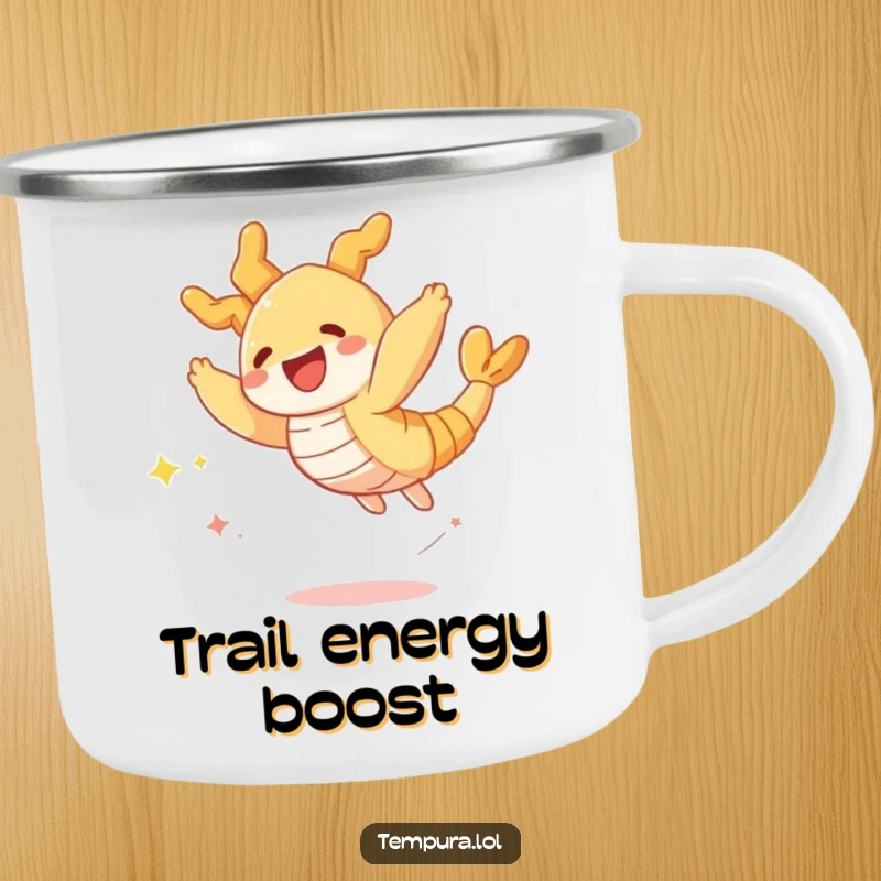 Funny camping mug with a crispy tempura shrimp character leaping joyfully, leaving a trail of sparkles, for outdoor fun.