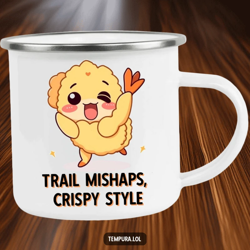 Funny Camping Mug showing a tempura shrimp character comically tripping over its own crispy coating.