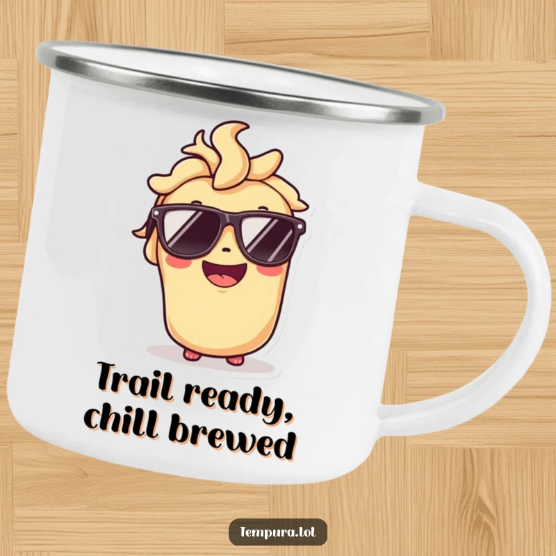Funny camping mug with a tempura roll character wearing sunglasses and smiling, adding cool vibes to outdoor trips.