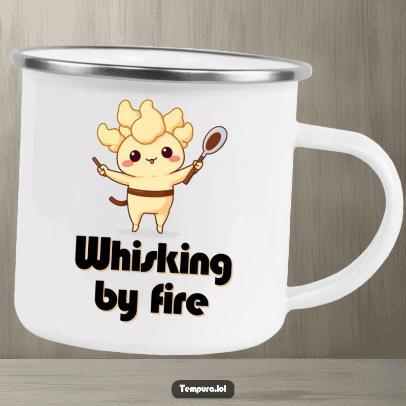 Funny Tempura Camping Mug: An anthropomorphic fried food character juggling a whisk and spoon, ideal for outdoor enthusiasts who appreciate humor and kitchen creativity.