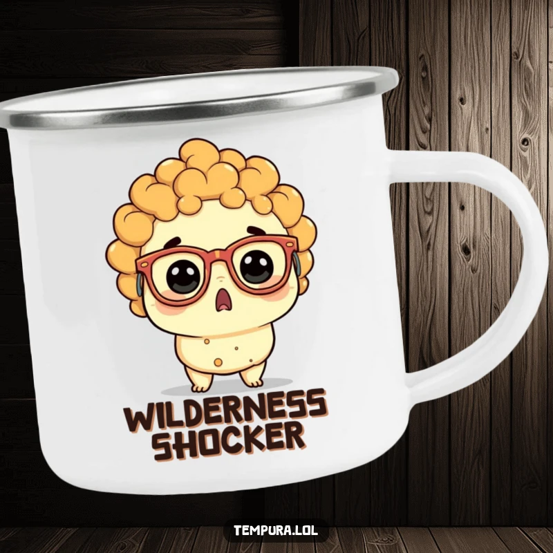 Funny tempura character wearing goofy glasses, looking comically shocked, a durable camping mug.