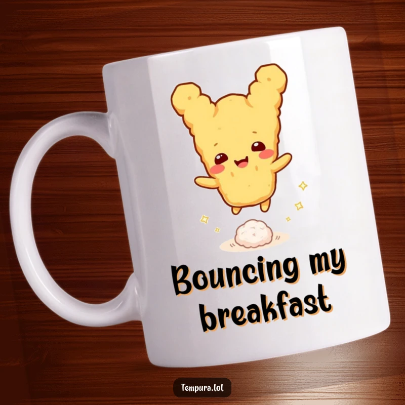 Funny tempura character happily bouncing a tiny sparkling rice ball, conveying pure joy, ideal for a funny mug gift.