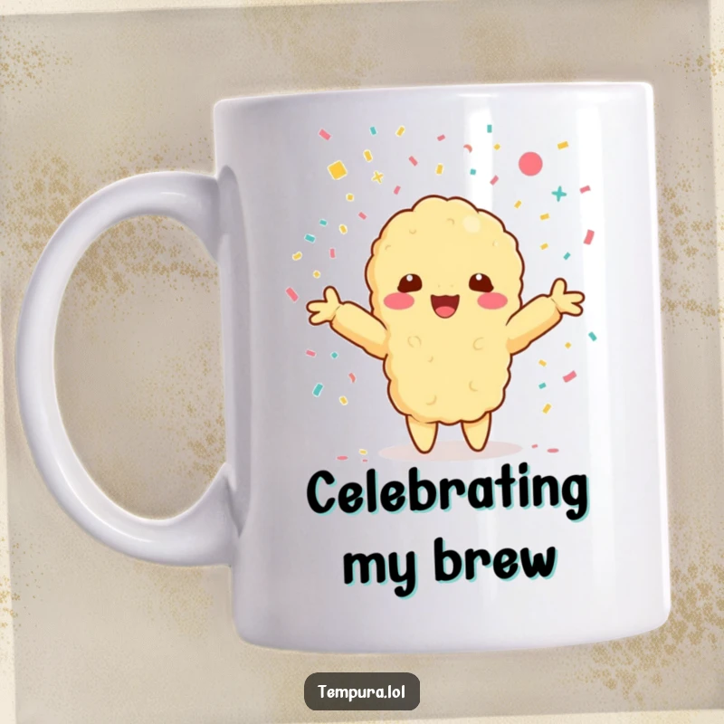 Funny mug featuring a Kawaii tempura shrimp character with arms outstretched, embracing a shower of confetti.