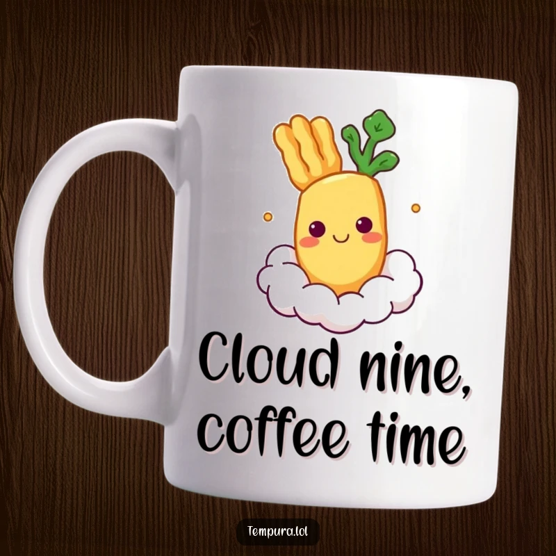 Funny Mug featuring a smiling tempura vegetable character serenely floating on a fluffy white cloud.