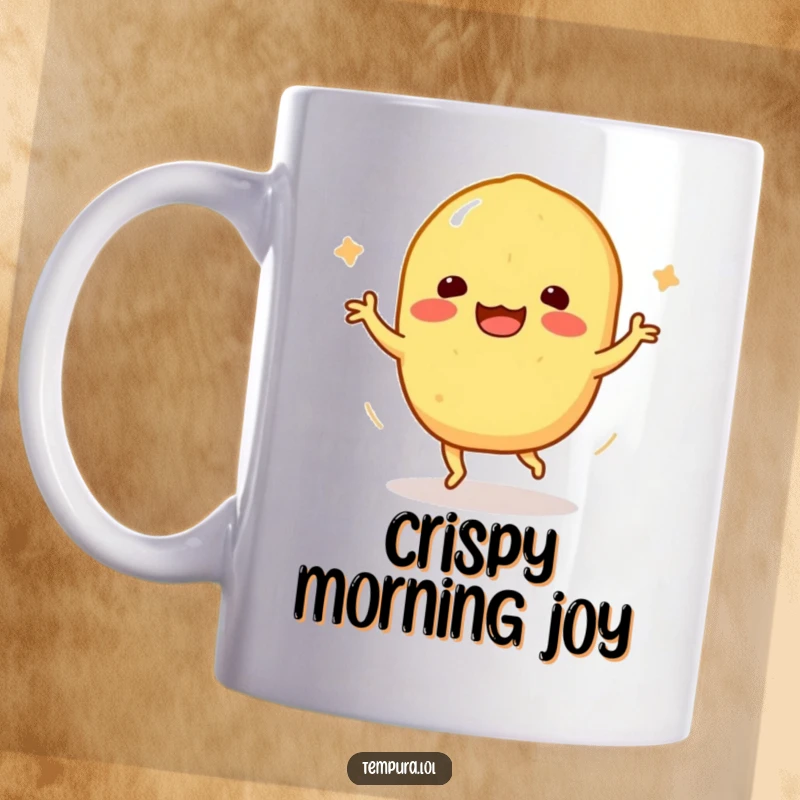 Funny Tempura Sweet Potato Mug: A crispy tempura sweet potato character does a joyful happy dance with crunchy texture.