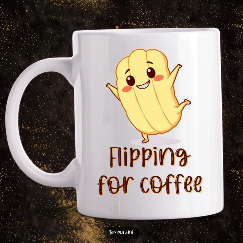 Funny Kawaii tempura character with a big grin, doing a cartwheel on a mug, radiating pure joy and energy.