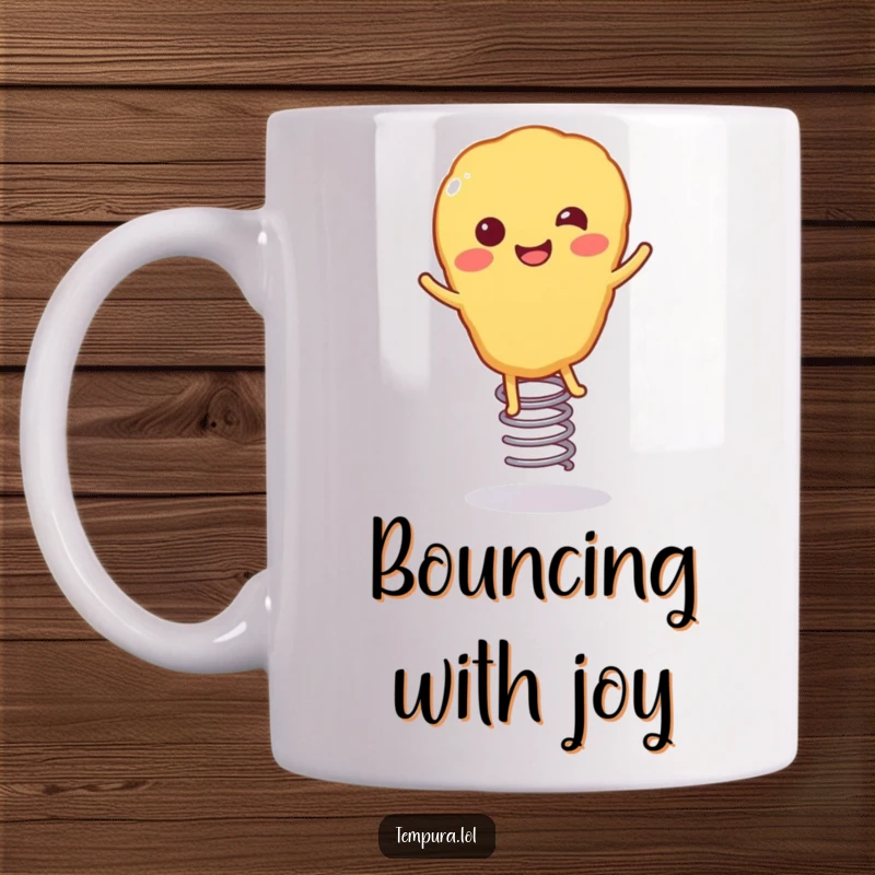 Funny Tempura Mug: A smiling piece of tempura food with legs happily bouncing on a spring, conveying pure joy and energy.