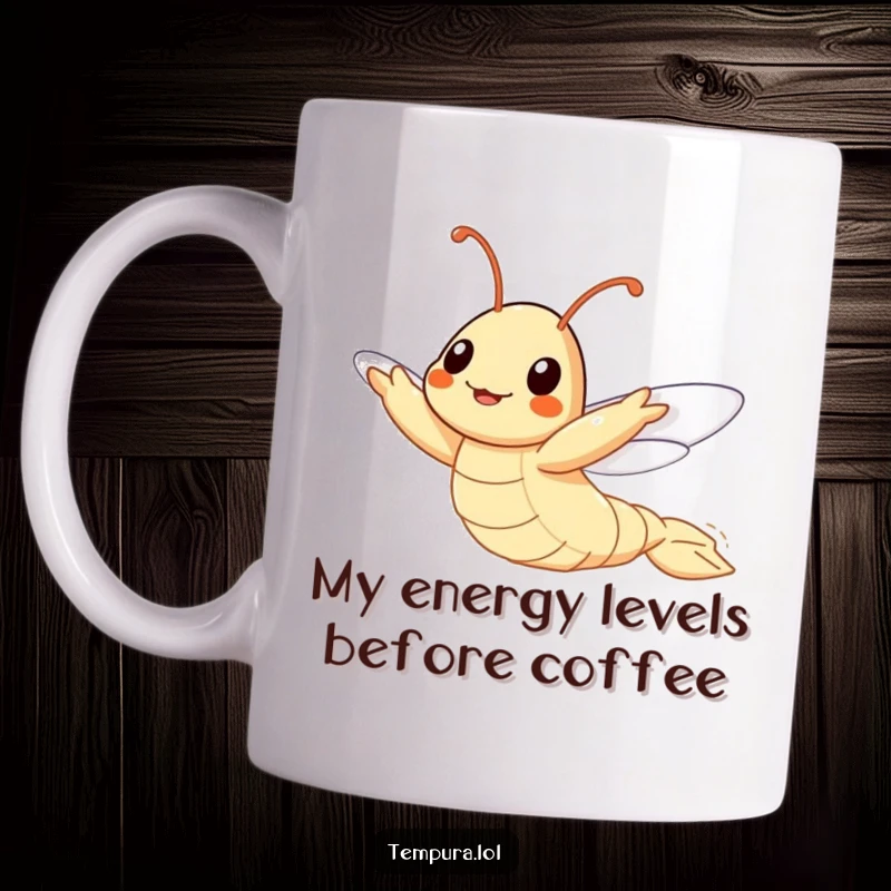 Funny Flying Tempura Shrimp Mug, depicted with determined effort attempting to fly, embodying aspiration and a touch of crunchy humor.