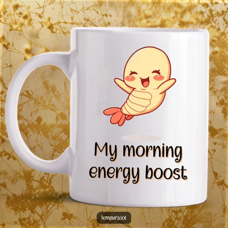 Funny tempura shrimp mug with a happy, jumping shrimp character, ready to spice up your day.