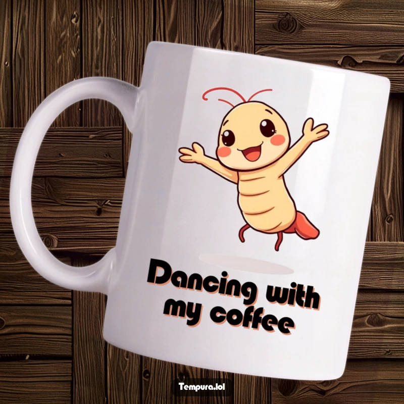 Funny mug featuring a Kawaii tempura shrimp character doing a cheerful, energetic dance with enthusiasm.