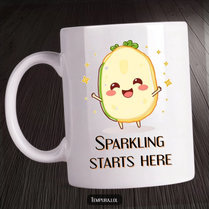 Funny Sparkling Veggie Slice Mug: A happy tempura vegetable slice joyfully juggling bright sparkles, adding a touch of whimsical fun.
