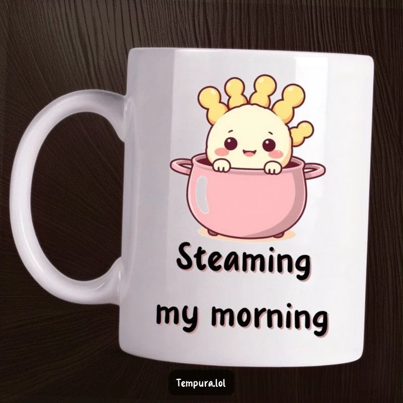 Funny happy tempura character peeking out from a steaming, cheerful pot on a mug, radiating warmth and joy.