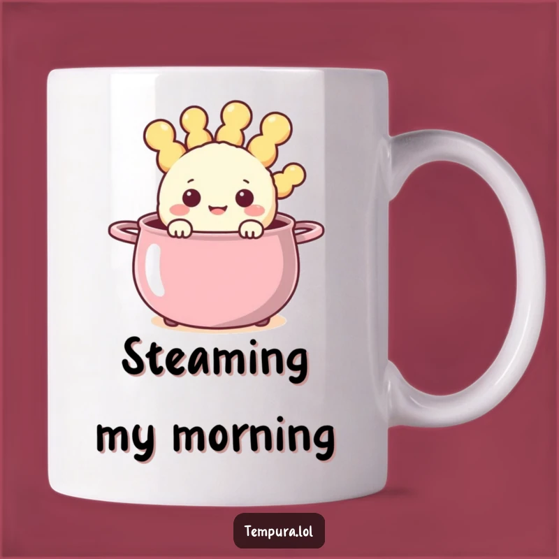 Funny Steaming Pot Tempura Mug: Happy Fried Character Peeking, Gift Idea