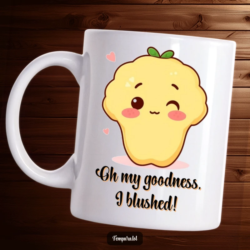 Funny tempura sweet potato with a surprised blush on a mug, representing unexpected delight and deliciousness.