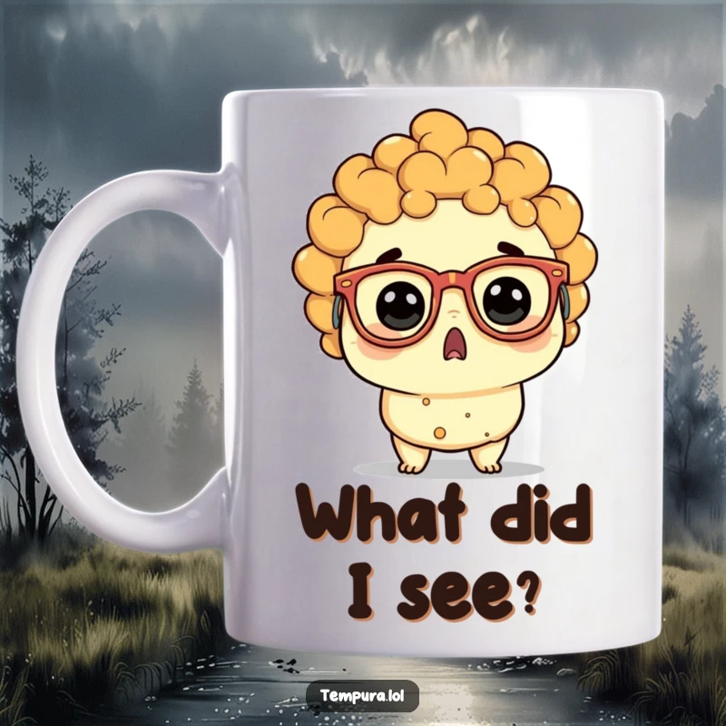 Funny tempura character with oversized, goofy glasses wide-eyed in comical surprise, a humorous mug.