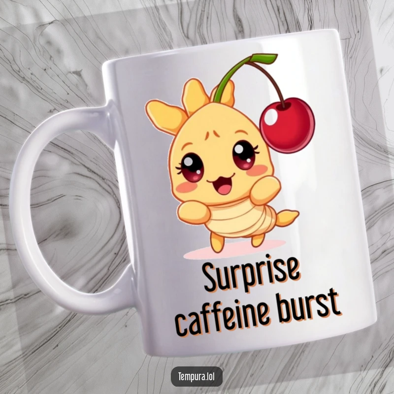 Funny Tempura Shrimp Mug: A character with wide, surprised eyes reacting to a suddenly appearing floating cherry, capturing humorous shock.