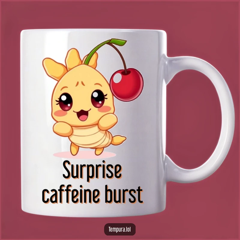 Funny Surprised Tempura Shrimp Mug: Wide-Eyed Reaction, Floating Cherry, Perfect Funny Gift