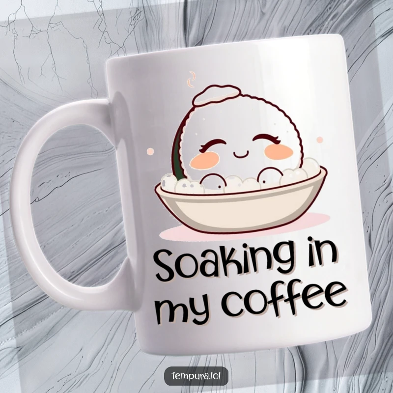 Funny smiling sushi with eyes closed, enjoying a warm bath, a humorous food mug conveying ultimate relaxation.