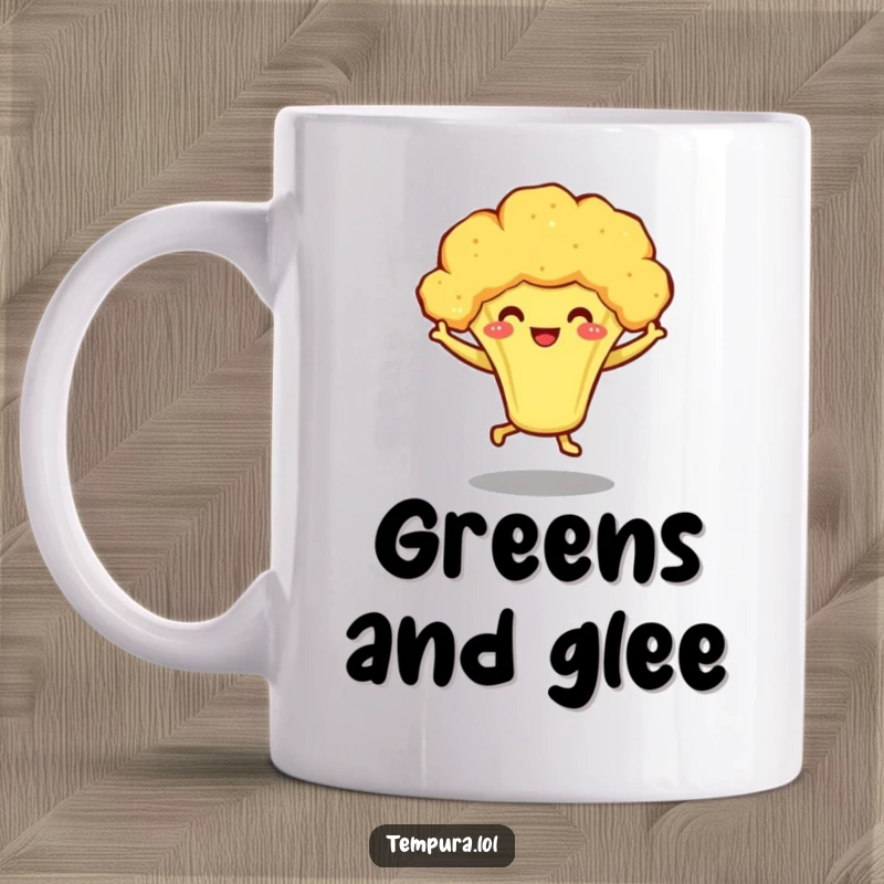 Funny mug featuring a smiling tempura broccoli character enthusiastically dancing with tiny legs, full of veggie joy.