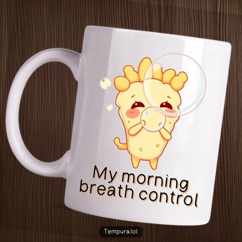 Funny tempura character joyfully blowing a huge, shimmering bubble, a delightful and humorous mug for gift-givers.