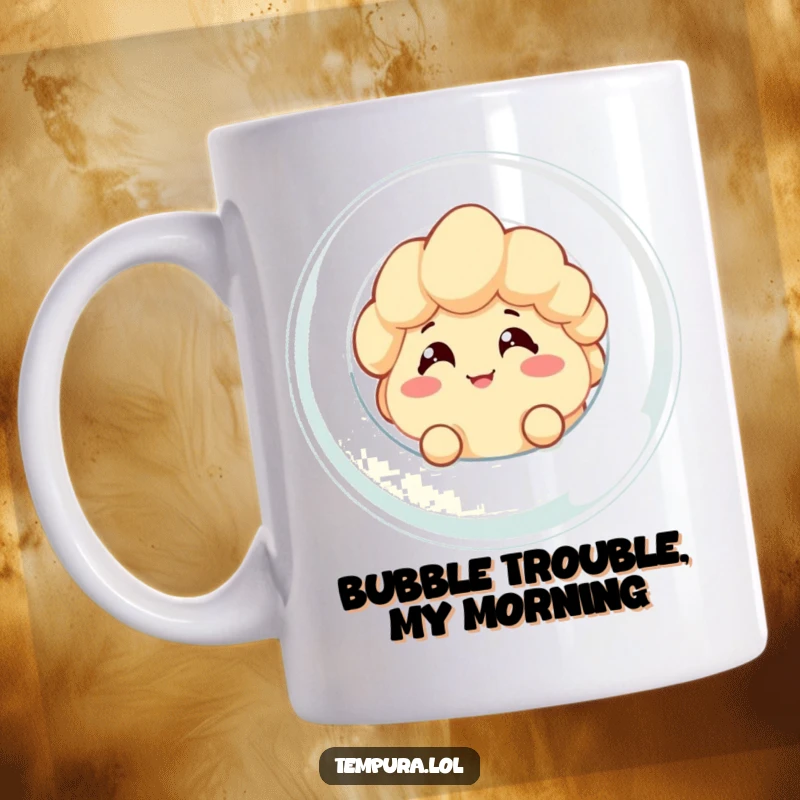 Funny tempura character with a cheeky grin, peeking from inside a giant bubble, making this mug a delightful and humorous gift.