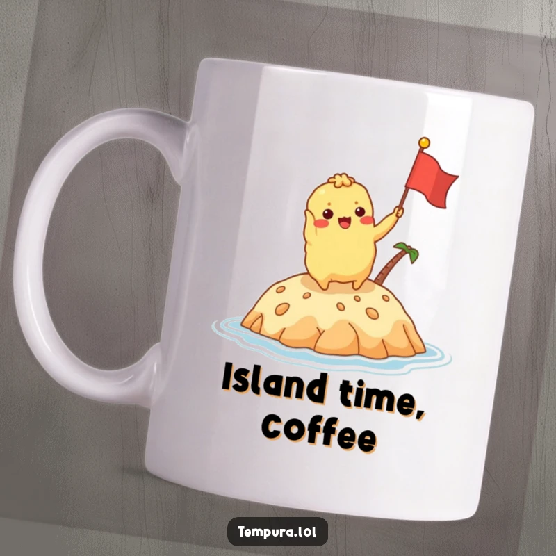 Funny tempura character excitedly waving a tiny flag on a delicious island, depicted on a mug, full of vacation joy.