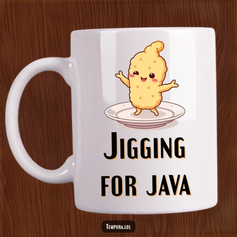 Funny Tempura Mug: A smiling piece of fried food performs a lively jig on a plate, showcasing a joyful and energetic personality for a funny gift.