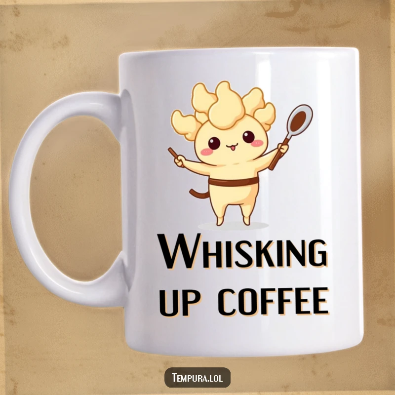 Funny Tempura Mug: An anthropomorphic fried food character juggles a tiny whisk and spoon with skill and humor, perfect for a funny gift.