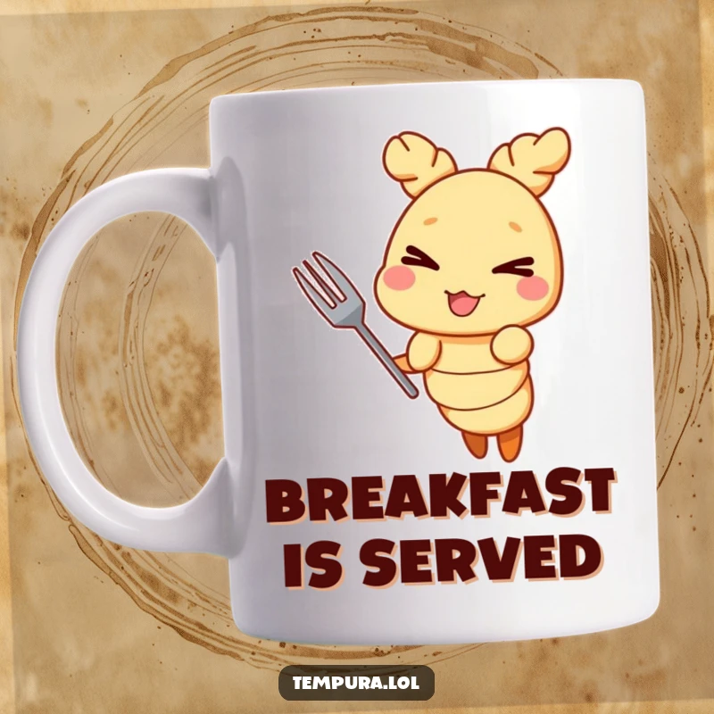 Funny Tempura Shrimp Fork Wink Mug: A mischievous tempura shrimp winking and holding a tiny fork, adding playful humor to your coffee or tea.