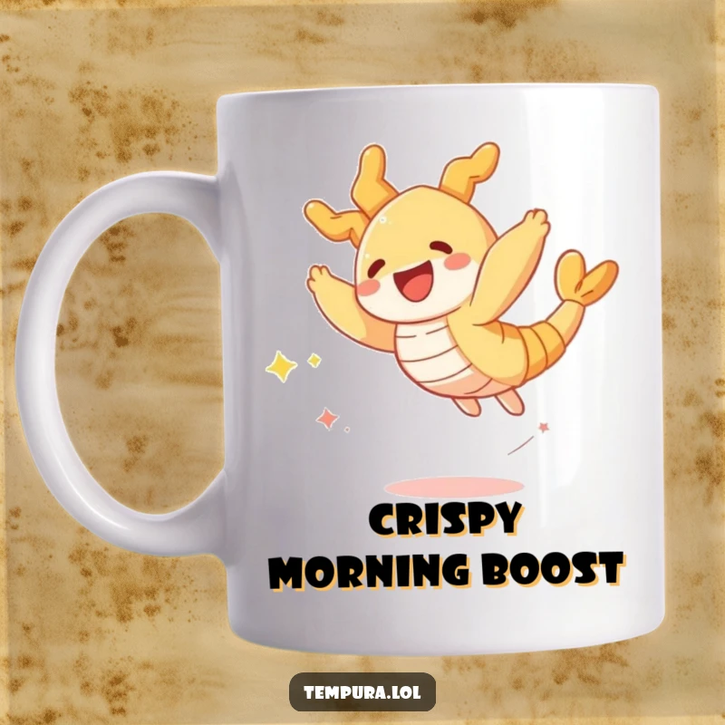 Funny mug featuring a crispy tempura shrimp character leaping joyfully, leaving a trail of sparkles, exuding pure excitement.