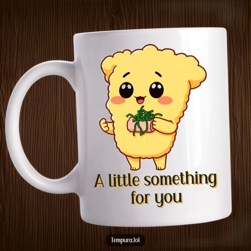 Funny Tempura Character Mug: A friendly tempura piece offers a tiny seaweed snack with a humorous, generous gesture.