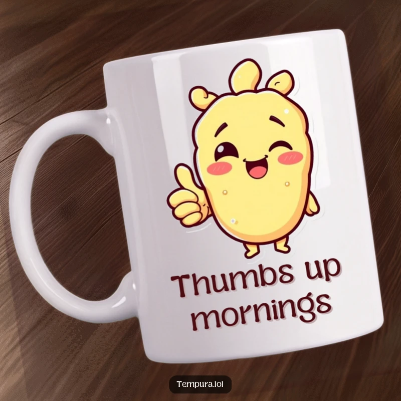 Funny tempura character winking and giving a thumbs up, radiating positivity on a ceramic mug, perfect for encouragement.