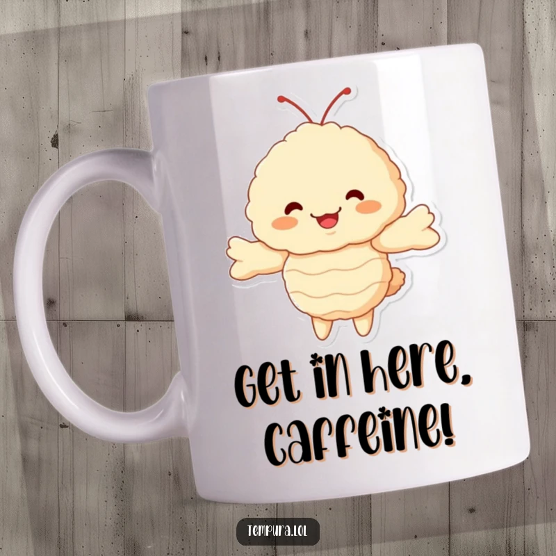 Funny Tempura Shrimp Mug: Fluffy ebi character with arms wide open, offering a heartwarming hug, designed for smiles and laughter.