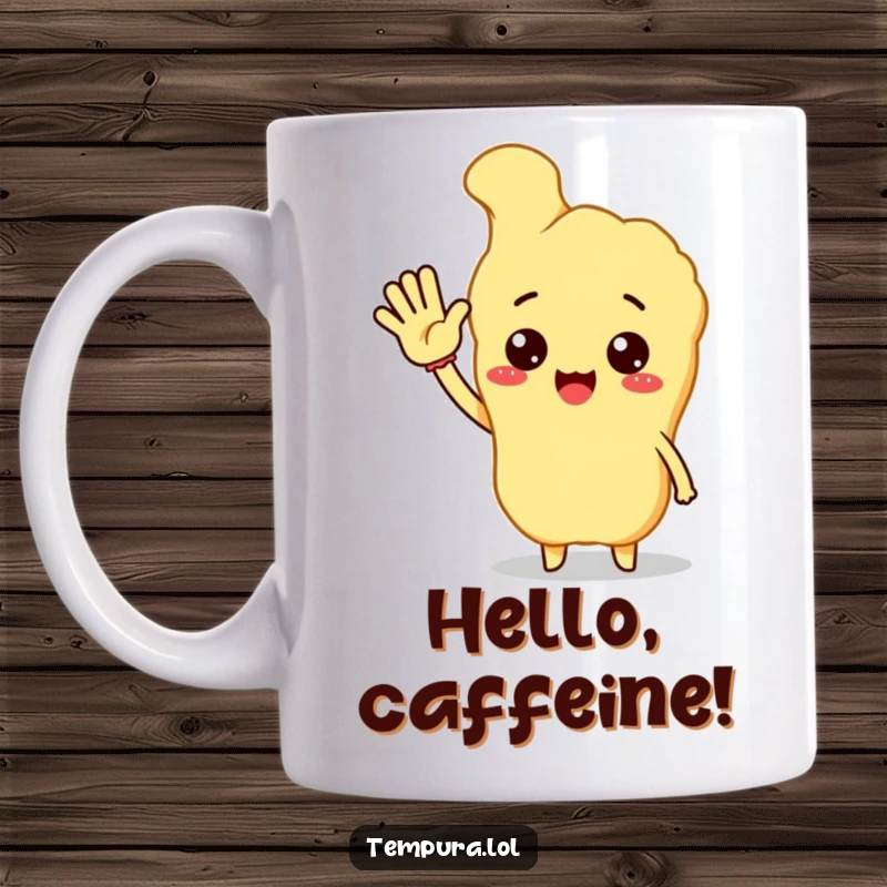 Funny tempura character animatedly waving its appendage in a cheerful hello, a welcoming and humorous mug.
