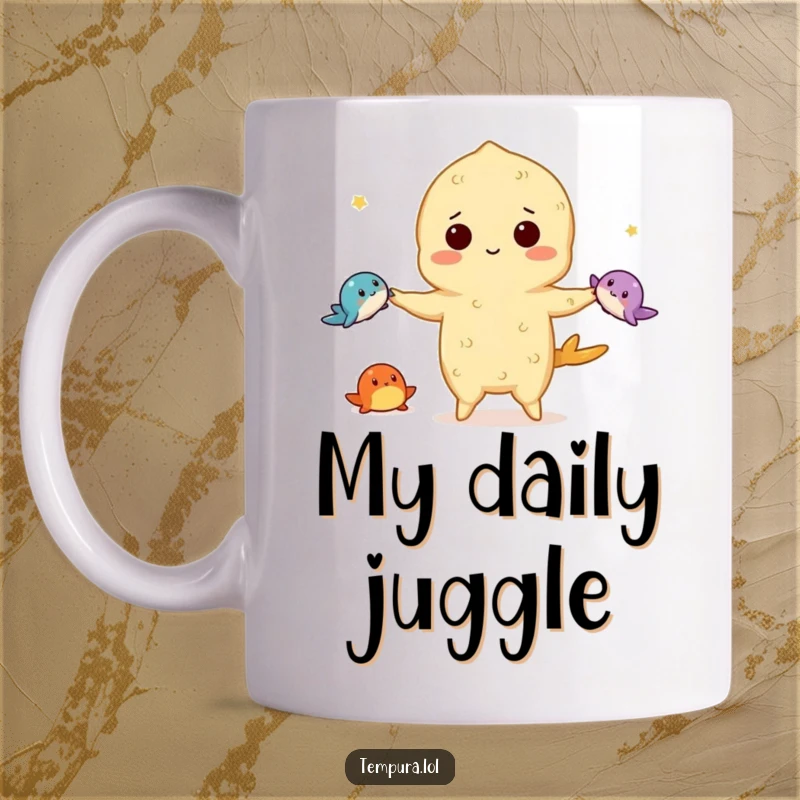 Funny tempura mug showing a tempura character skillfully juggling three tiny, cute sea creatures, such as a crab, shrimp, and fish.