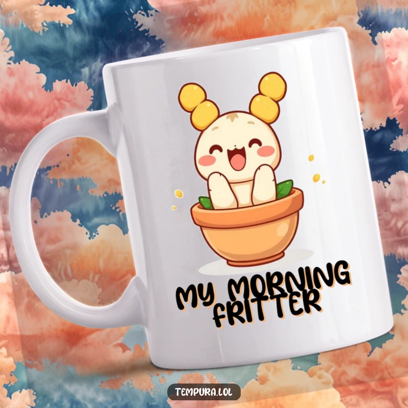 Funny Tempura Mug: A cheerful piece of fried tempura leaping joyfully into a small pot, celebrating deliciousness.