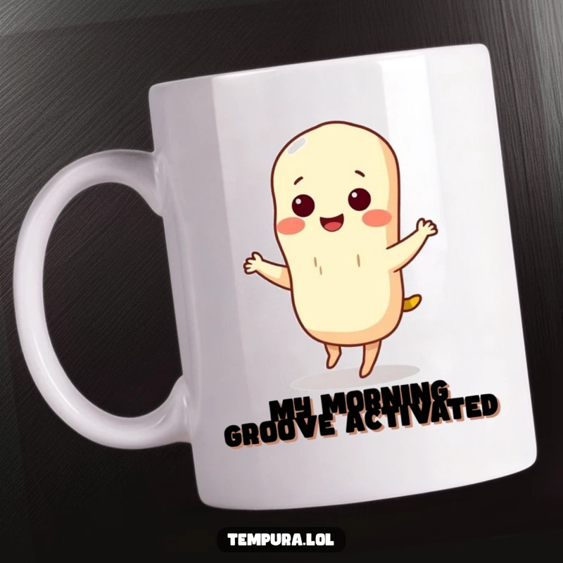 Funny tempura mug featuring a joyful tempura character with a big smile, enthusiastically performing a tiny, silly dance with its legs.