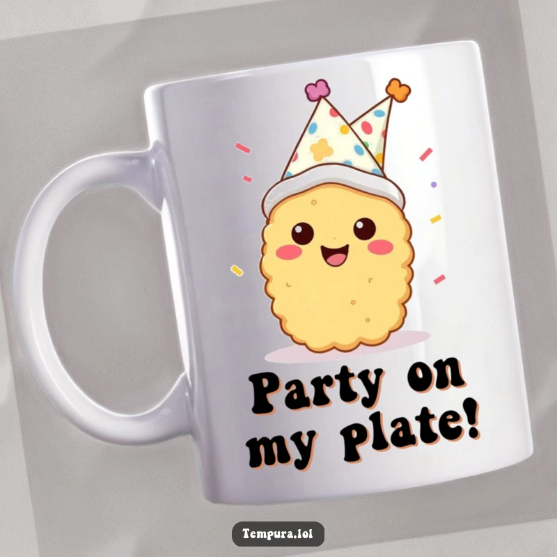 Funny tempura character wearing a party hat, surrounded by confetti, smiling gleefully on a ceramic mug, perfect for celebrations.