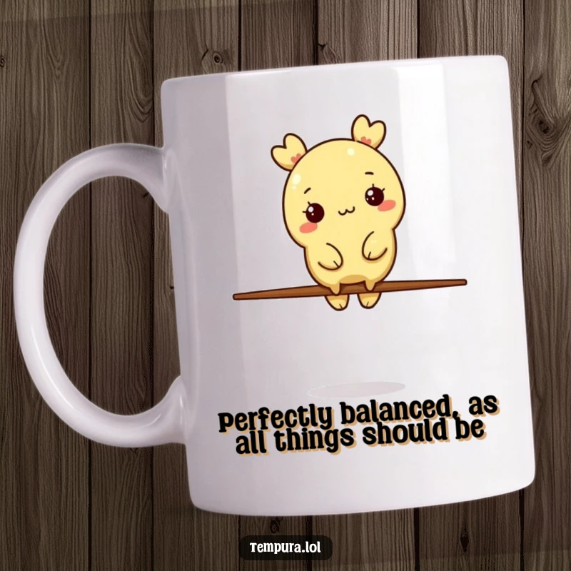 Funny Tempura Character Mug: A crispy tempura piece precariously balances on a single chopstick in a humorous feat of skill.