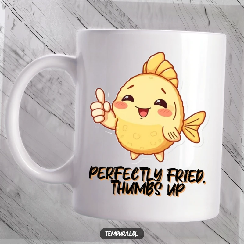 Funny Fish Tempura Mug: A golden-brown fish tempura with a crispy coating gives a confident thumbs up gesture.