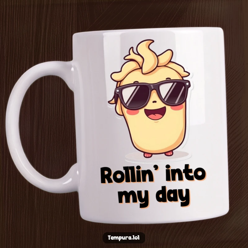 Funny mug featuring a cool tempura roll character wearing sunglasses and a big, happy smile, exuding confidence.