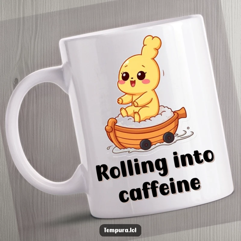 Funny tempura character playfully riding a small, rolling sushi boat, depicted on a humorous mug, perfect for sushi lovers.