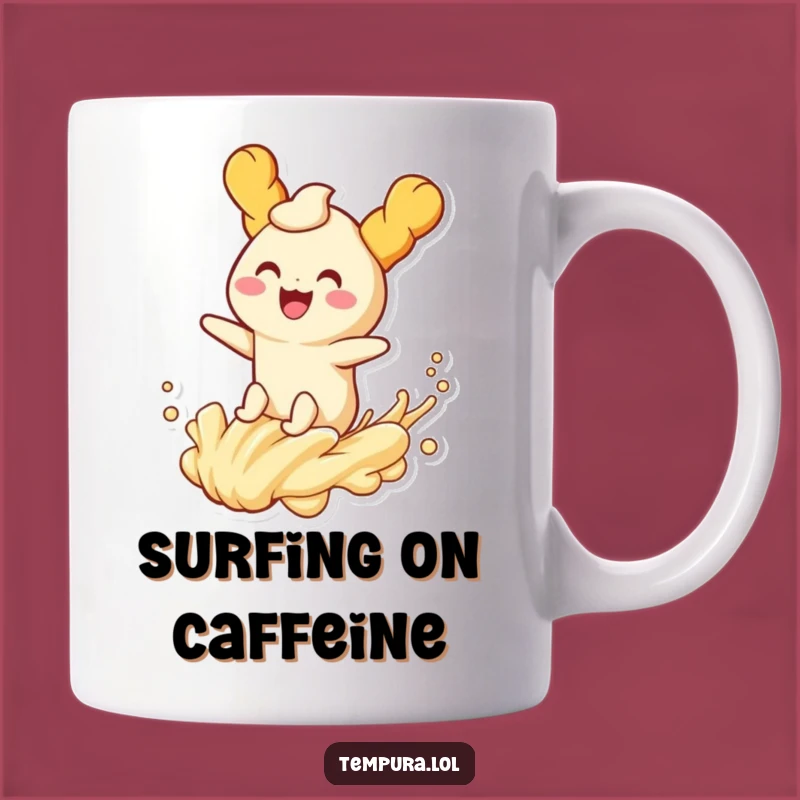 Funny Tempura Wave Rider Mug: Joyful Fried Character Riding Batter, Perfect Gift